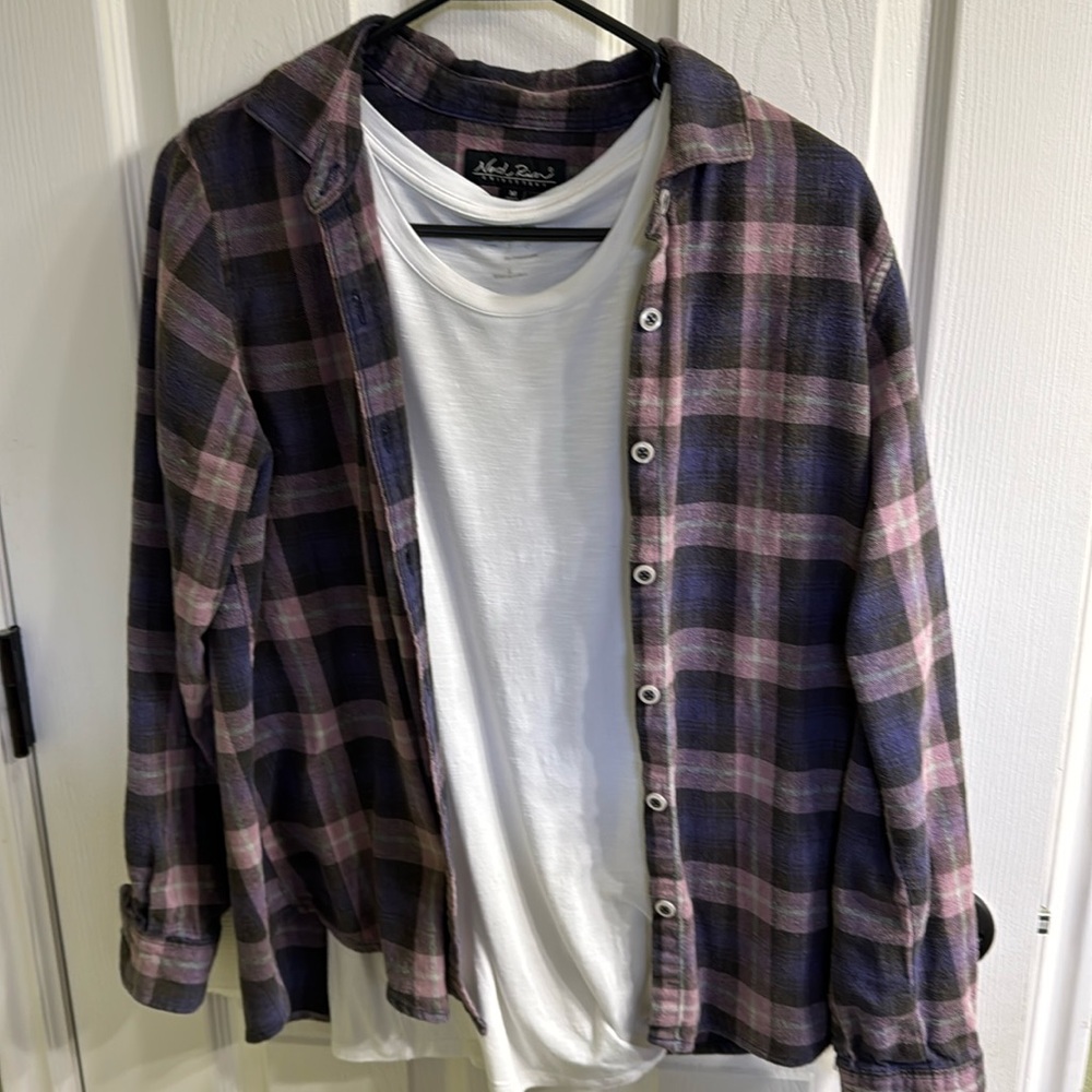 North River flannel shirt and white t-shirt